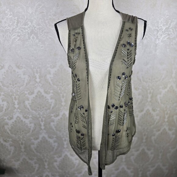 Bar III Size XS Olive Green Lightweight Vest Beaded Open Front Boho Festival - Picture 1 of 12